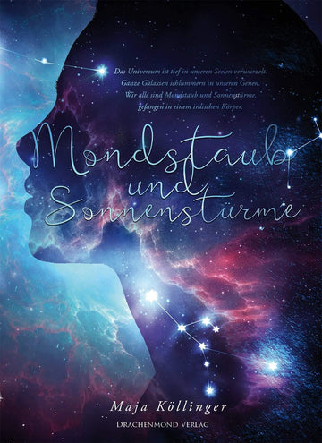 Das Cover ist in Blautönen gehalten. Auf dem Cover sieht man die Silhouette eines Frauengesichts im Profil. In der Mitte des Gesichts steht der Titel. Über dem Titel steht "Das Universum ist tief in unseren Seelen verwurzelt. Ganze Galaxien schlummern in unseren Genen. Wir alle sind Mondstaub und Sonnenstürme, gefangen in einem irdischen Körper". Über das ganze Cover zieht sich eine Galaxie in verschiedenen Blau-, Lila- und Pinktönen. Darüber verteilt sind mehrere Sterne sowie drei Sternenbilder.